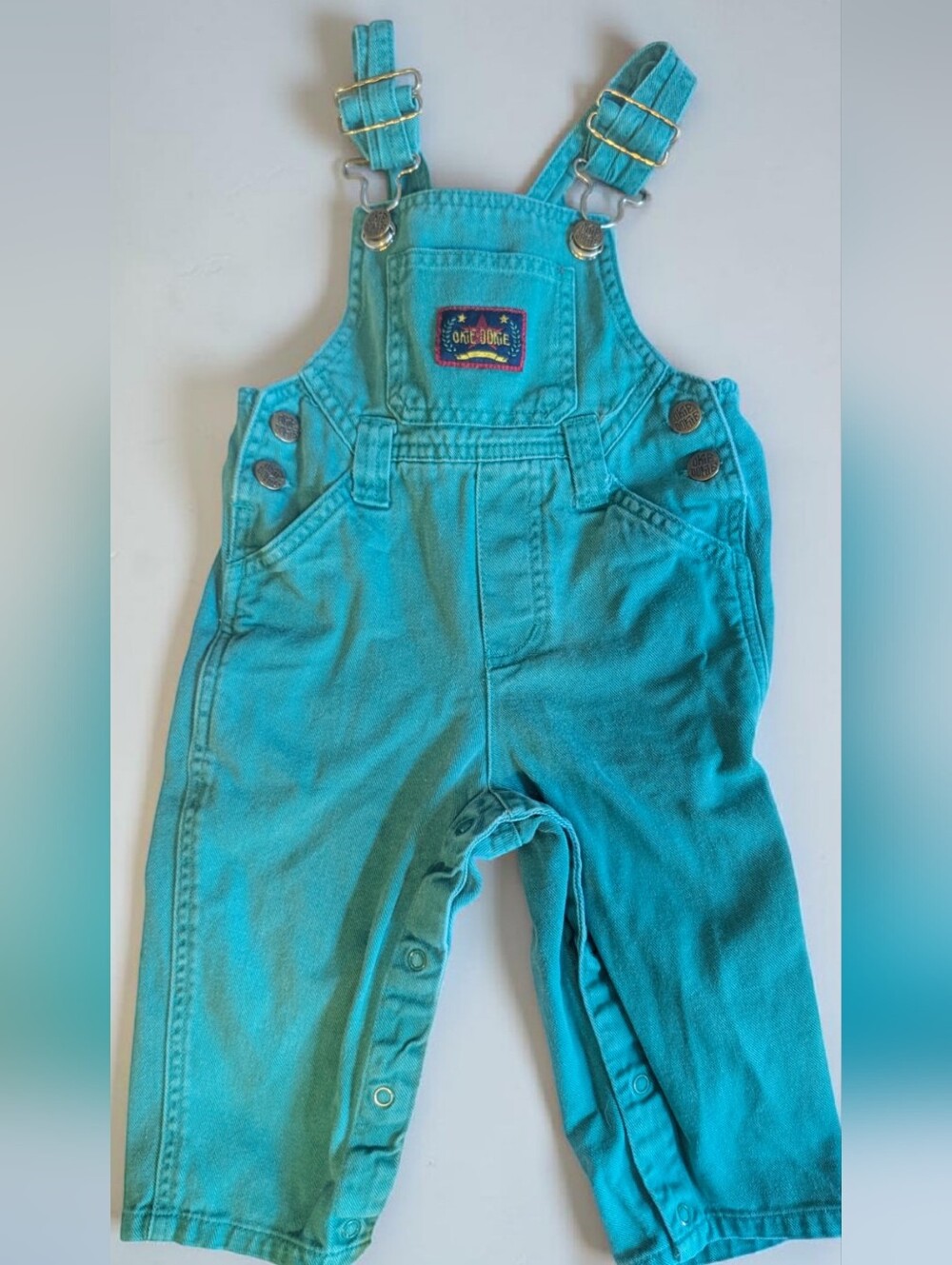 Vintage Okie‎ Dokie Teal Denim Overalls 24M Retro 90s Baby Snap Leg Romper